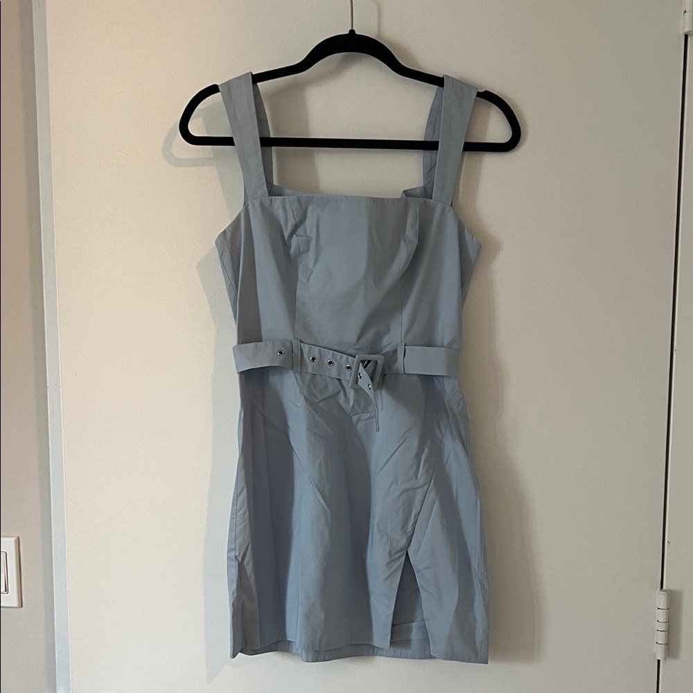 Majorelle Light Blue Square-Neck Belted Mini Dress